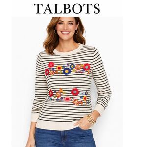 Talbots Floral Row Embellished Crewneck Sweater Size M Soft Classic Knit